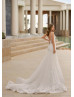 Plunging Neck Ivory Lace Tulle Romantic Mermaid Wedding Dress